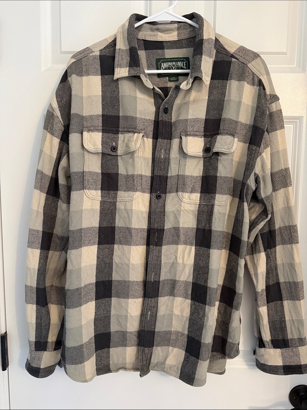 American Eagle Outfitters Beige and Black Plaid Button-Down Shirt